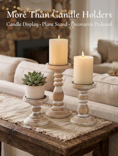 Wood Pillar Candle Holder: Rustic Distressed White Candle Stand - Image 4