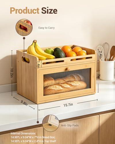Bread Box for Kitchen Countertop, Bamboo Storage Container with Top Shelf - Image 7
