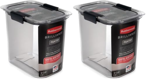 Rubbermaid Brilliance Airtight Food Storage Container, Perfect for Pantry Staples, Clear/Grey, 12 Cup (Pack of 2) by Rubbermaid