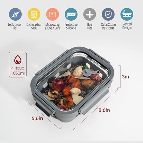 GENICOOK Glass Meal Prep Containers 5-Set With Glass Lids & Steam Vent, 35 Oz / 4.4 Cups Leakproof Airtight Food Storage Containers, Borosilicate Glass, Microwave And Dishwasher Safe, Bpa-Free - Image 2