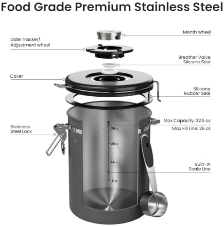 Veken Coffee Canister, 32.5OZ, 2lbs, Large Airtight Stainless Steel Jars - Image 5