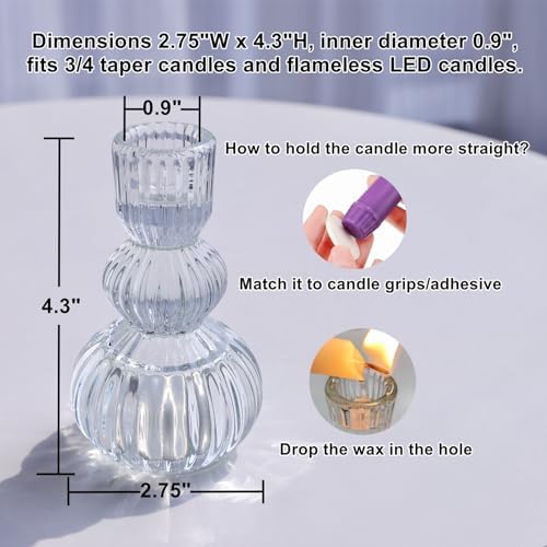 Woho 3pcs Clear Taper Candle Holders 4.3" H, Ribbed Candlestick Holders - Image 4