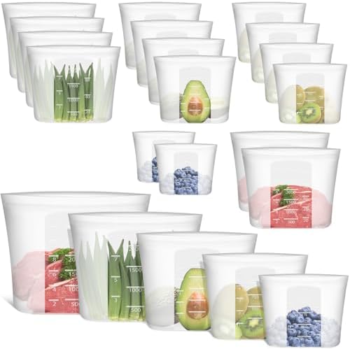 100% Silicone Reusable Storage Bag, 16 Pack Stand-Up Wide-Mouth Zip-Lock Food Storage Bags, Easy-Fill Easy-Open Easy-Clean Space-Saving, Microwave & Dishwasher Safe, 2 XL/4 L/4 M/4 S/2 XS, Translucent by Annaklin