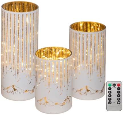 Starry Night Hurricane Candleholders with Warm LED Lights & Remote Timer, Elegant Twinkling Decorative Centerpieces for Wedding, Dining Table, Living Room, Mantel Décor, Set of 3 (White) by Ashroder