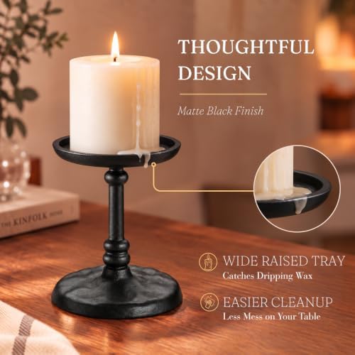 PERFNIQUE Cast Iron Pillar Candle Holders Set of 2, Black Candle Tray Stand - Image 4