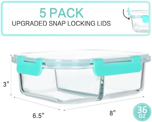 M MCIRCO 5 Pack,36 oz, 2 Compartments Glass Meal Prep Containers with Lids - Image 2