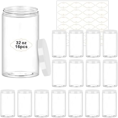 PeacePeo 32 OZ Plastic Jars with Lids, 16 Pack Large Storage Containe by PeacePeo