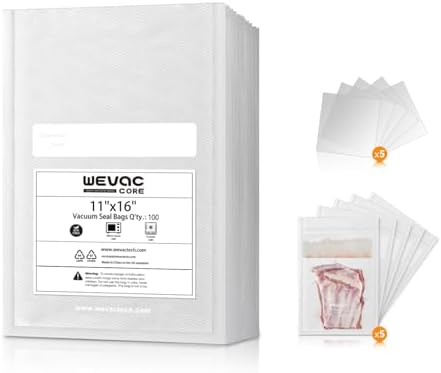 Wevac 11" x 16" Precut Vacuum Sealer Bags, 100 Count, Includes 5 Liquid Block Bags & 5 Bone Guard Pieces, Heavy Duty for Food Storage, Sous Vide & Meal Prep by Wevac