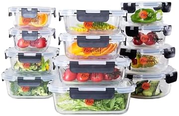 24pcs Set Food Storage Containers (12 Airtight & 12 Lids) | Glass Meal Prep Containers | Lunch Box | BPA Free, Leakproof Lids, Dishwasher, Microwave & Freezer Safe for Kitchen by Unknown