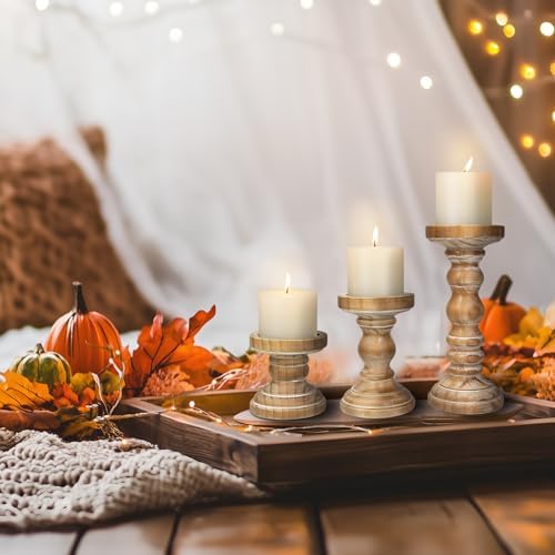 Candle Holder for Pillar Candle Set of 3, Farmhouse Wood Candle Holder, Rustic Wooden Candle Stand, Vintage Tall Candle Stand Decorative for Living Room, Table Centerpiece,Brown - Image 2