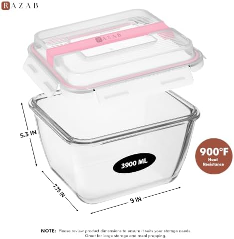 Razab 17 Cups / 132 Oz / 3900ml Large Glass Food Storage Containers with Lids - Leakproof, BPA-Free Large Meal Prep Container Ideal for Roasting Turkey, Store Leftover - Microwave & Oven Safe - Image 3