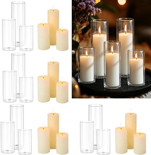 24 PCS White Pillar Candles with Glass Candle Holders Clear Hurricane Candle Holders Glass Cylinder Vases for Centerpieces Wedding Party, Event, Home Decor Ivory White by Unknown