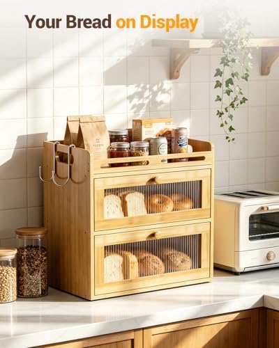Bread Box for Kitchen Countertop, 2-Tier Bamboo Storage with Top Shelf - Image 6