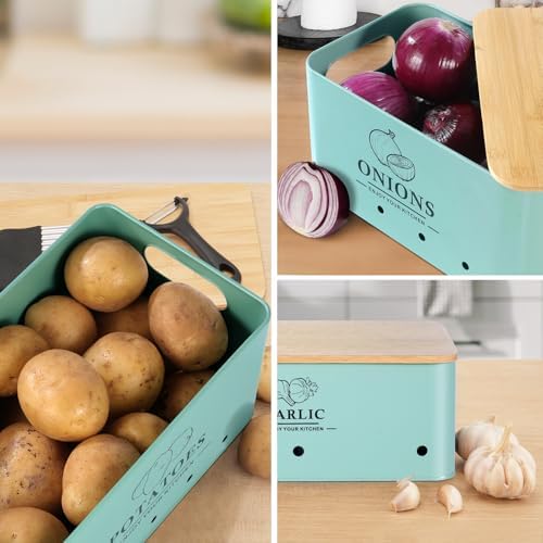 Kitchen Vegetable Storage Set of 3, Metal Onion Garlic Potato Storage Set, Kitchen Canisters Vegetable Keeper Containers with Aerating Holes and Bamboo Lid，Blue - Image 6