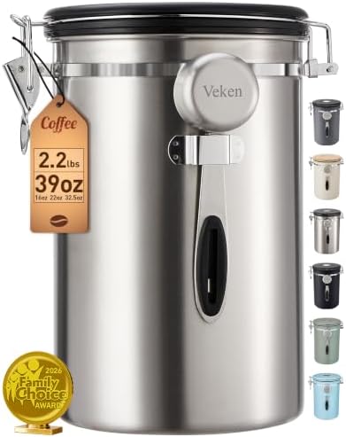 Veken Coffee Canister,39OZ, 2.2lbs,Large Airtight Stainless Steel Container by Veken