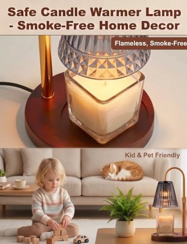 Candle Warmer Lamp with Timer & Dimmer, Adjustable Height Glass Candle Warmer for Jar Candles, Smoky Grey Crystal Shades Brass Electric Wax Melt Lamp with 2 Bulbs - Image 2