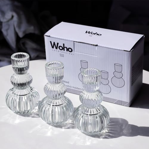 Woho 3pcs Clear Taper Candle Holders 4.3" H, Ribbed Candlestick Holders - Image 5