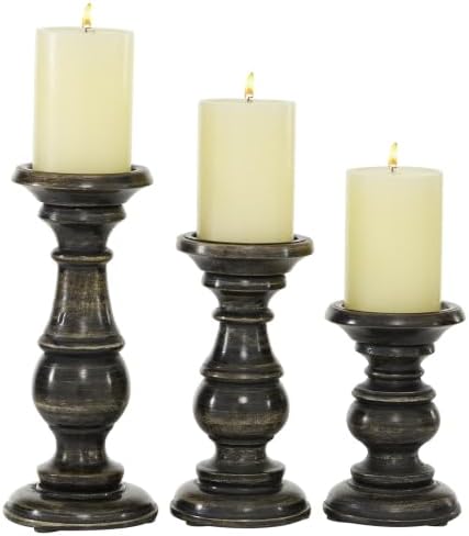 Deco 79 Mango Wood Decorative Candle Holder Distressed Turned Pillar Candle Stand, Set of 3 Candlestick Holder 6", 8", 10"H, Black by Unknown
