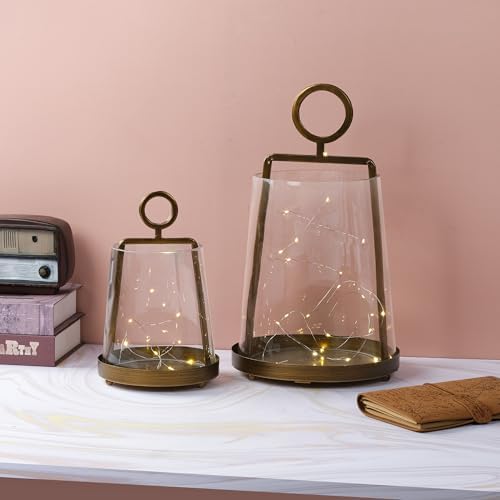 9" Wide Modern Farmhouse Metal Hurricane Candle Holder with Handmade Sturdy Glass Sleeve in Vintage Brass for Pillar Candle & Plants, Glass Hurricane Lantern, Industrial, Minimalistic - Image 5