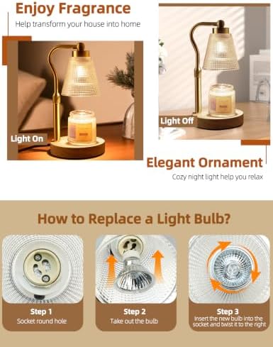 Candle Warmer Lamp for Jar Candles, Height Adjustable & Dimmable with 2/4/8H Timer, 2 * 50W Halogen Wax Melter Warmer for Home Office Décor, Flameless & Smokeless, Gift for Women Mom,Gold-Clear01 - Image 7