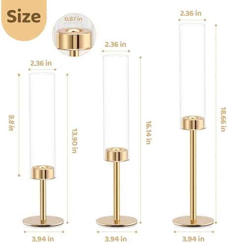 Gold Hurricane Glass Candle Holders Set of 3 Brass Taper Candlestick Holder - Image 4