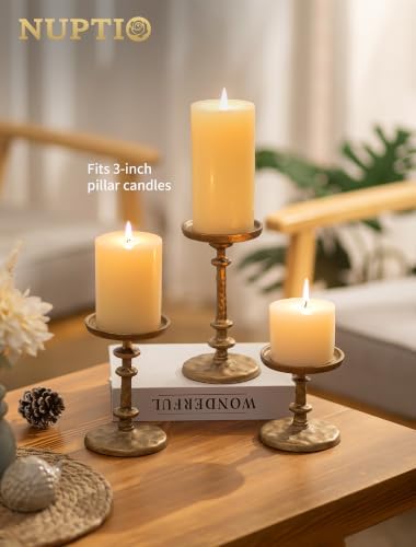 NUPTIO Pillar Candle Holder Gold: Antique Brass Cast Iron Candle Stand - Image 2