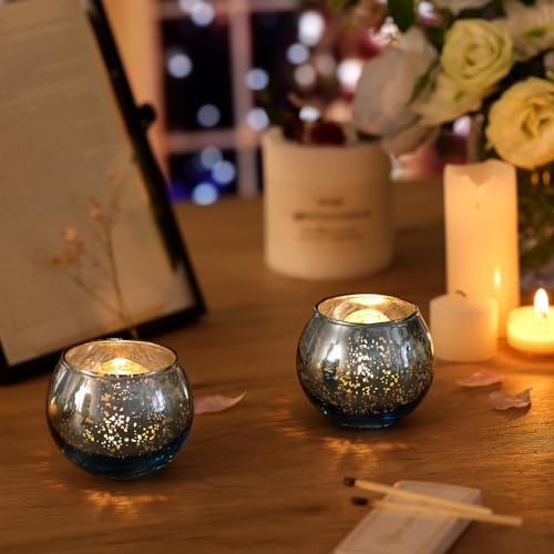 Volens Round Blue Votive Candle Holder Set of 12, Mercury Glass Votives - Image 5