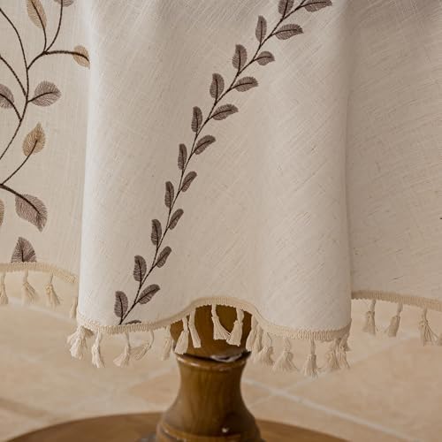Joyfol Day Round Linen Tablecloth, Heavy Duty Waterproof Tablecloths, Farmhouse Embroidery Leaves Table Cloth with Tassels, Soft Wrinkle Free Table Cover, Coffee Vines, 55 inch - Image 4