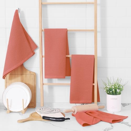 Homaxy 100% Cotton Waffle Weave Kitchen Dish Towels 4-Pack, Coral - Image 6
