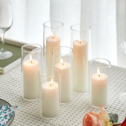 Set of 6 White Pillar Candles with Clear Glass Hurricane Holders- Elegant Cylinder Candle Vases for Weddings, Parties, Centerpieces, Home & Office Decor (White, 6 Set) by NATCENSE