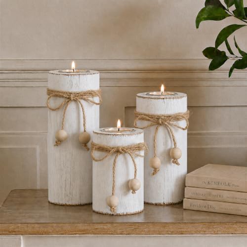 White Wooden Candle Holder with Flameless LED Candles Modern Boho Decor 3p - Image 7