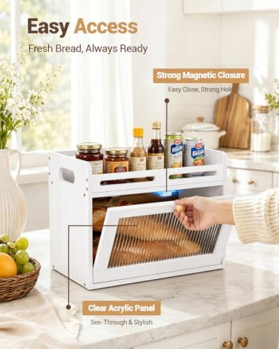 Bread Box for Kitchen Countertop, Bamboo Storage with Top Shelf, White - Image 3