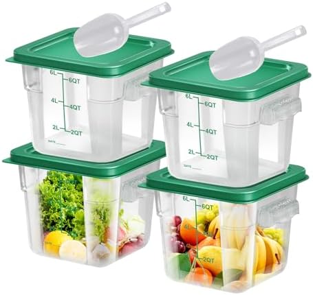 4 pcs 6qt Food Storage Containers with Lid, Square Clear Commercial Storage Containers with Handle and Scale for Food Storage in Home Kitchen & Dining (Green) by Unknown