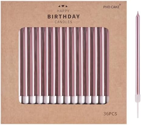 PHD CAKE 36-Count Rose Gold Long Thin Metallic Birthday Candles, Cake Candles, Birthday Parties, Wedding Decorations, Party Candles, Cake Decorations by PHDCAKE