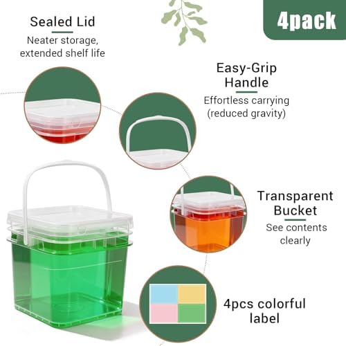 Food Storage Buckets with Lids - 4 Set Square Clear Plastic Containers, Airtight Pressure Seal & Handle for Kitchen Freezer Prep (Clear, 34 oz) - Image 4