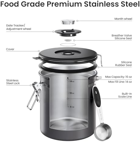Veken Coffee Canister, Airtight Stainless Steel Food Storage Container,16OZ - Image 4
