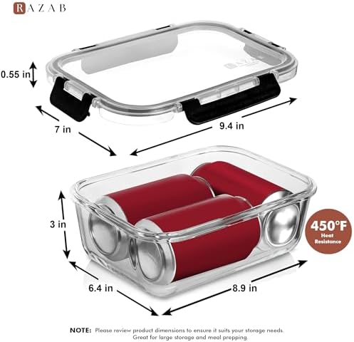 Razab 2 Pcs 1860ml / 63 Oz Large Glass Food Storage Containers with Lids - Glass Meal Prep Containers with Locking Lids for Roasting, Storing Leftover, Lunch Container, BPA Free, Microwave & Oven Safe - Image 4