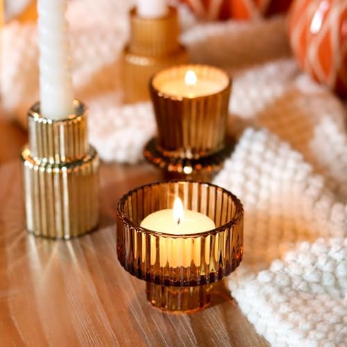 Gold Candlestick Holders 6PCS for Tealight Candle Stick Candles, Ribbed Glass Taper Candle Holders Set Table Centerpieces for Thanksgiving Christmas Farmhouse Decor Indoor and Outdoor - Image 6