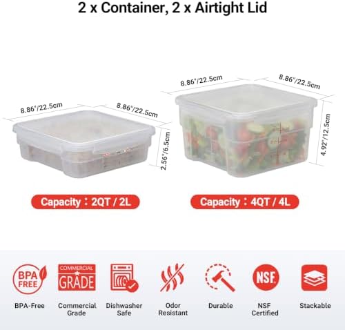 2 Pack Airtight Commercial Food Storage Set, 2 QT & 4 QT BPA-Free Translucent Polypropylene, Stackable, Gold Scale Markings for Dry Ingredients, Shallow Model - Image 2