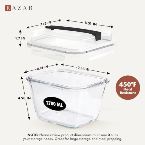 Razab 2700ml / 91oz / 11.5 Cups Large Glass Food Storage Container with Lid - Leakproof Glass Meal Prep Container for Roasting & Storing Leftovers, Glass Lunch Container, Microwave & Oven Safe - Image 2