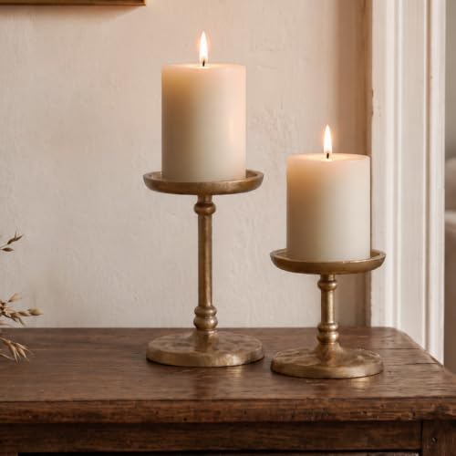 PERFNIQUE Cast Iron Pillar Candle Holders Set of 2 Antique Gold Candle Tray by PERFNIQUE