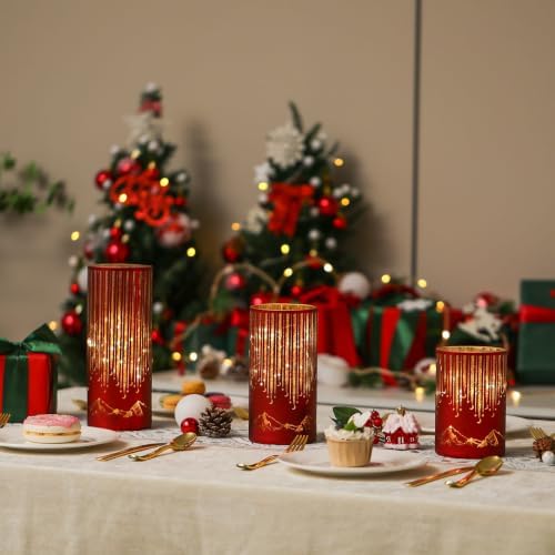 Starry Night Elegant Hurricane Candleholders with LED Flickering Lights & Remote Timer, Decorative Glass Hurricanes for Indoor Table Centerpieces & Year-Round Home Decor, Set of 3 (Red) - Image 3