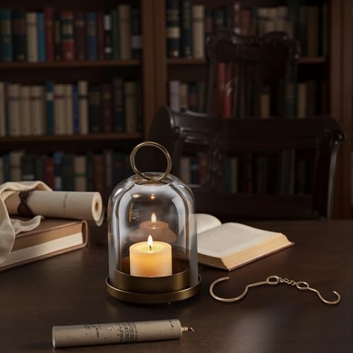 Hurricane Glass Candle Holder, Medium Brass Lanterns Hurricane Candlestick Holder for Pillar Candles Vintage, Gold Metal Rustic Farmhouse Decor with Hook Chains - Image 2