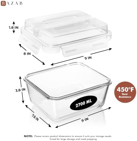 Razab 2700ml / 91Oz / 11.5 Cups Large Glass Food Storage Containers with Lids - Glass Meal Prep Containers for Roasting & Storing Leftover, Glass Lunch Container, Microwave & Oven Safe - Image 3