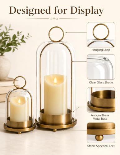 Brass Candle Holder Set of 2, Hurricane Glass Candle Holders with Flameless Candles, Glass Dome Candle Holder for Wedding, Holiday, Fireplace and Table Decor - Image 2