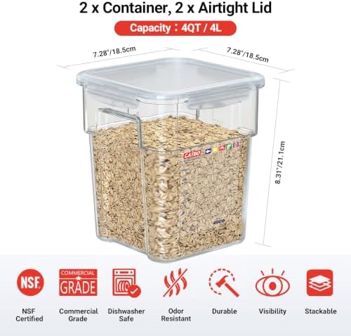 2 Pack 8 QT Polycarbonate Commercial Food Storage Containers with Airtight Lids, Clear, Stackable Ingredient Food Storage Containers for Flour, Sugar, Rice, and Food Prep, 2 Markers Included - Image 2