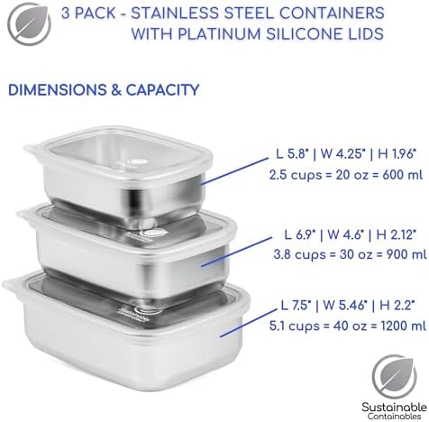 Stainless Steel Food Storage Containers with Clear Platinum Silicone Lids, Airtight, Leakproof 18/8 (304) Food Grade SS Nested 3Pk 20/30/40 oz Plastic-Free - Image 2