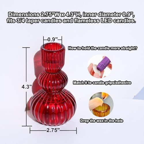 Woho 3pcs Red Taper Candle Holders Glass, Candlestick Holders for Christmas - Image 5