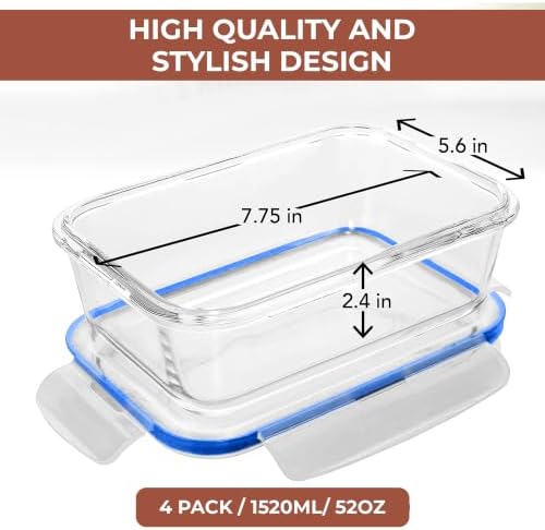 Razab 6.5 Cups / 52 Oz 4 Piece (2 Containers + 2 Lids) Glass Food Storage Containers Set with Airtight Locking Lids - For Storing, Baking & Serving BPA Free, Leakproof - Microwave, Freezer & Oven Safe - Image 2
