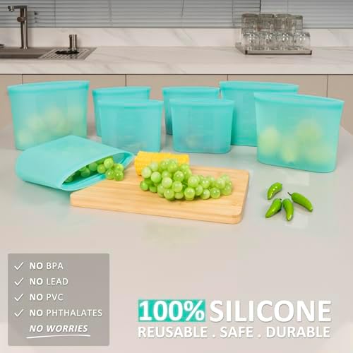 Reusable Sandwich & Snack Bags, 8 Pack 100% Silicone Food Storage Bags Stand Up Zip Lock for Food Container, Freezer Microwave Oven Dishwasher Safe, 4 Small 4 Extra Small, Aqua - Image 2